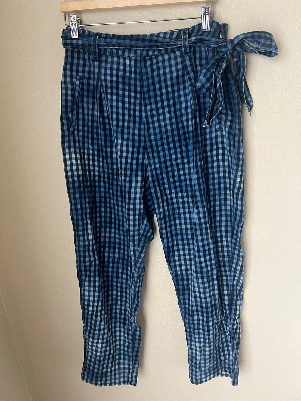 Anthropologie maeve washed blue gingham belted pants - Picture 2 of 8